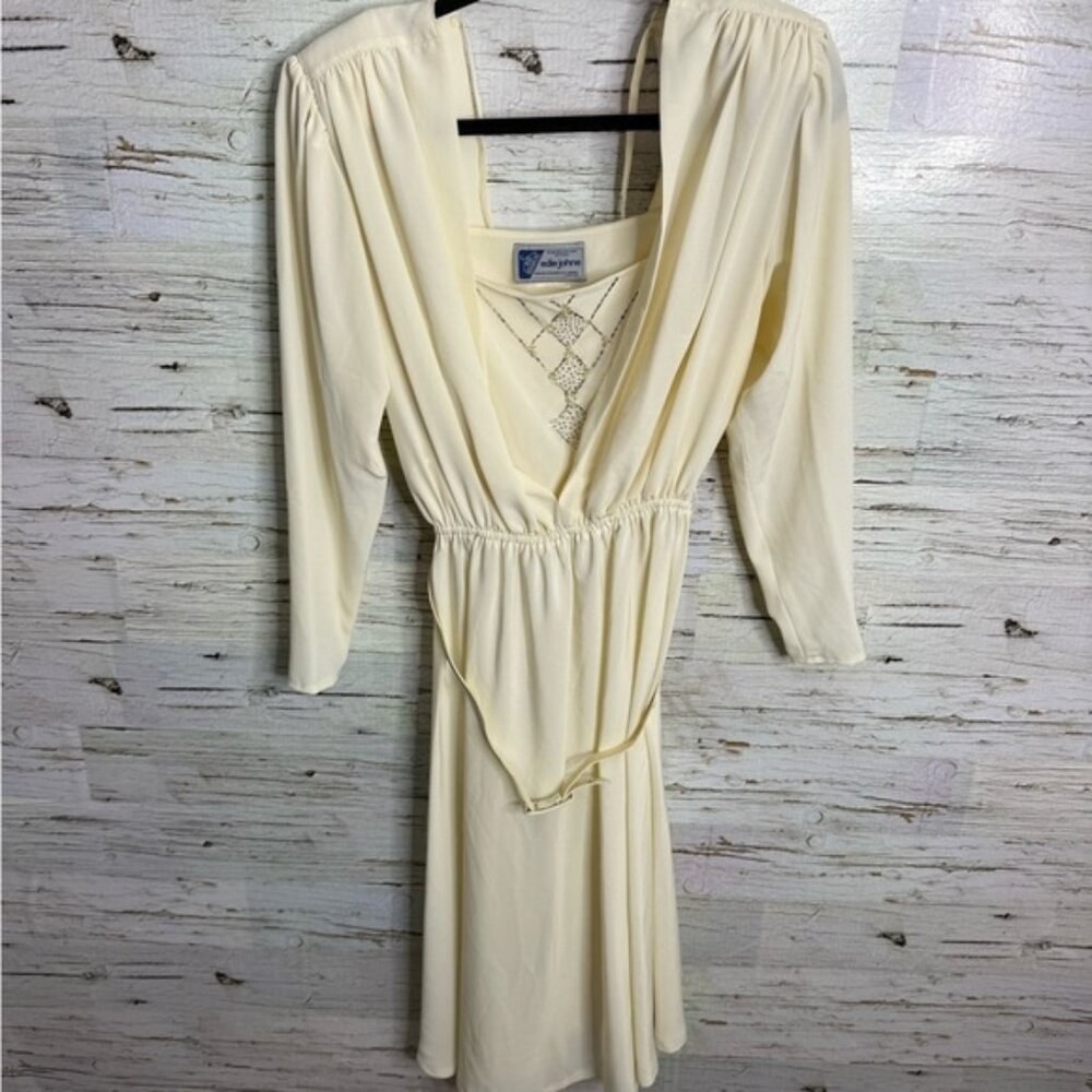 Vintage Cream Midi Dress with belt size 8 Edie johne made in Canada